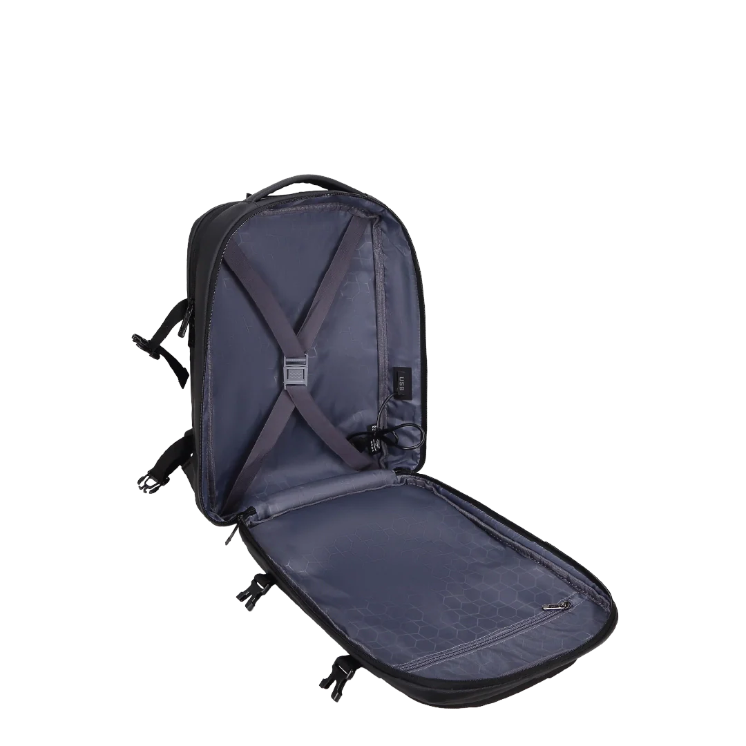 Open dark gray backpack on a white background