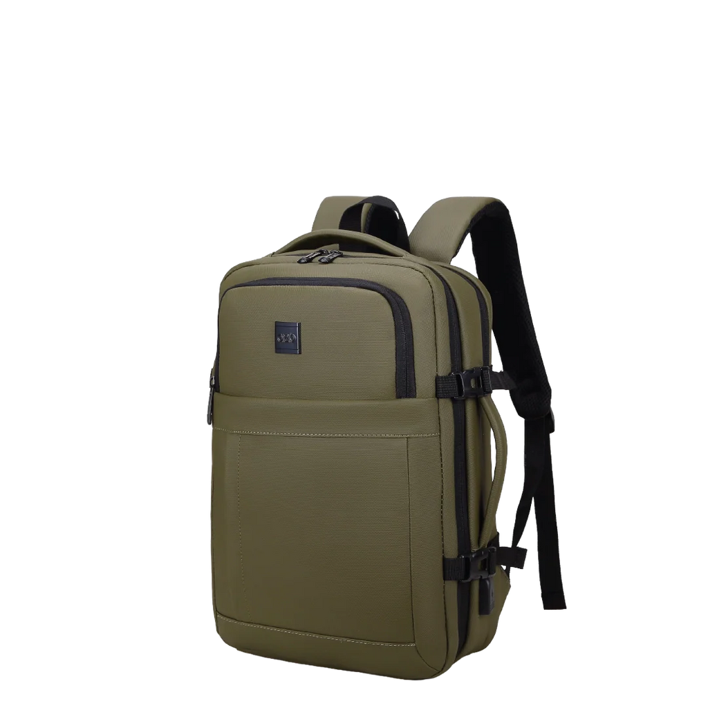 Green backpack with a visible brand logo on a white background