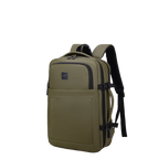 Green backpack with a visible brand logo on a white background