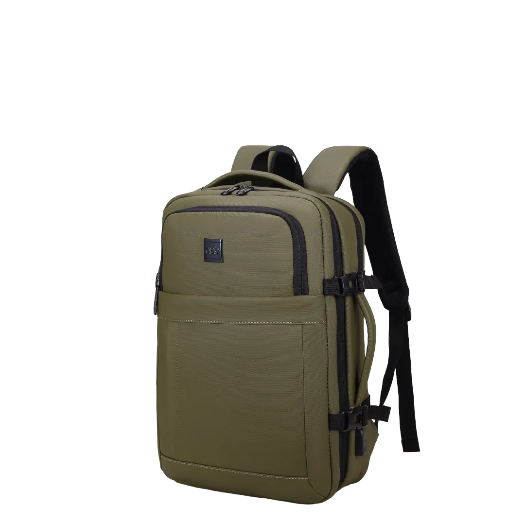 Green backpack with a visible brand logo on a white background