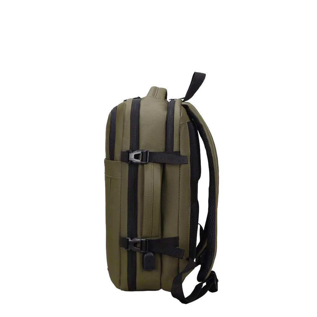Green backpack with black straps on a white background