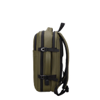 Green backpack with black straps on a white background