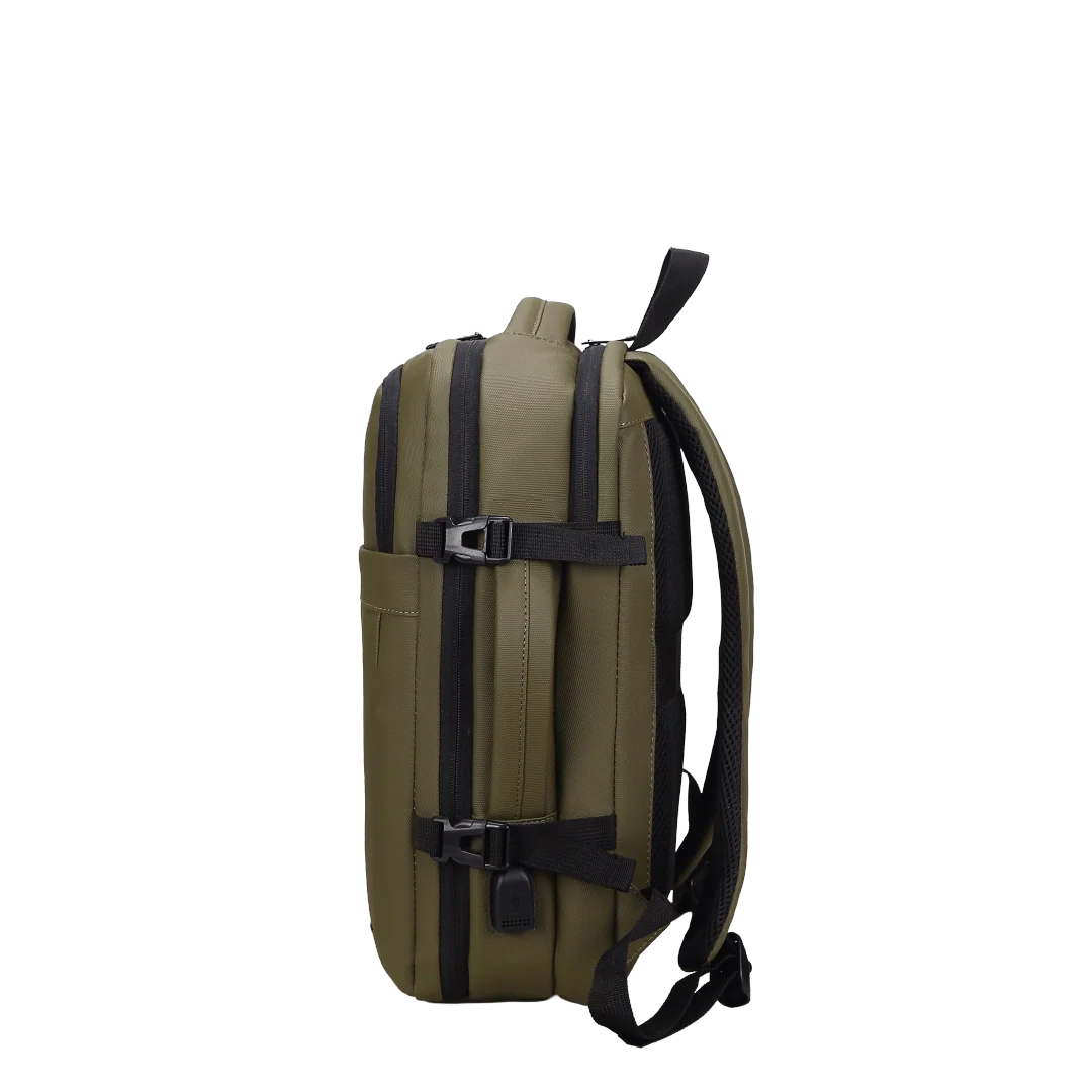 Green backpack with black straps on a white background