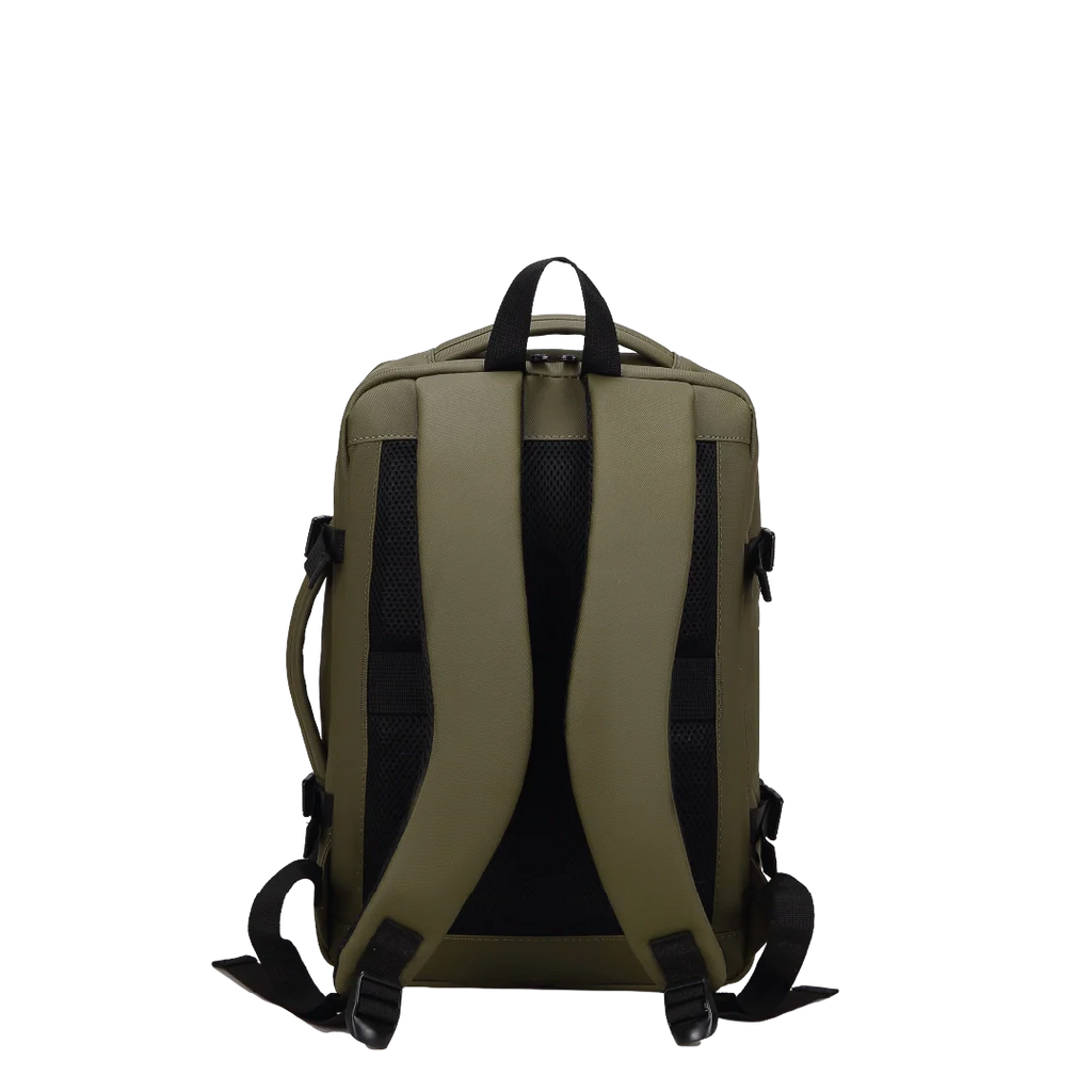Green backpack with black straps on a white background