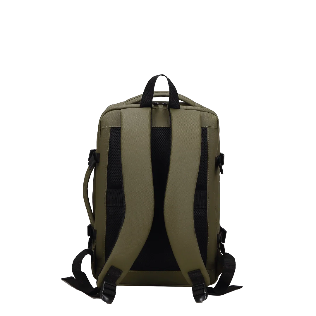 Green backpack with black straps on a white background