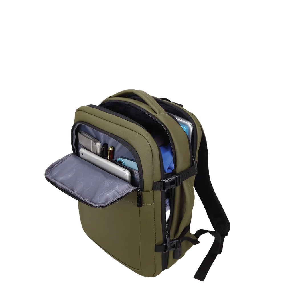 Green backpack with multiple compartments.