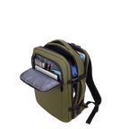Green backpack with multiple compartments.