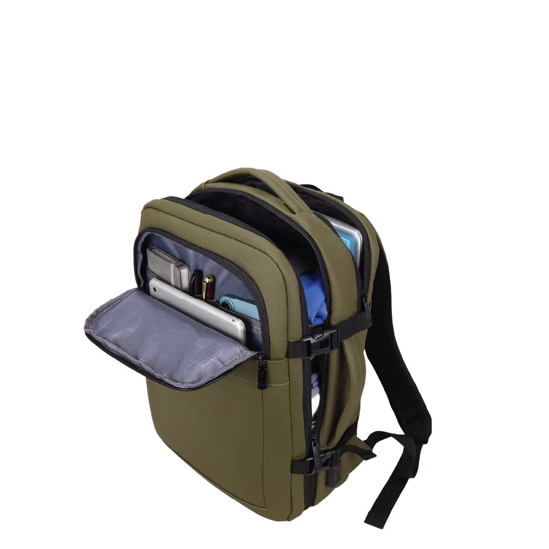 Green backpack with multiple compartments.