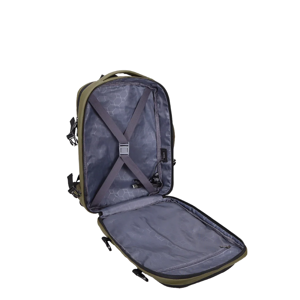 Open backpack showing storage inside.