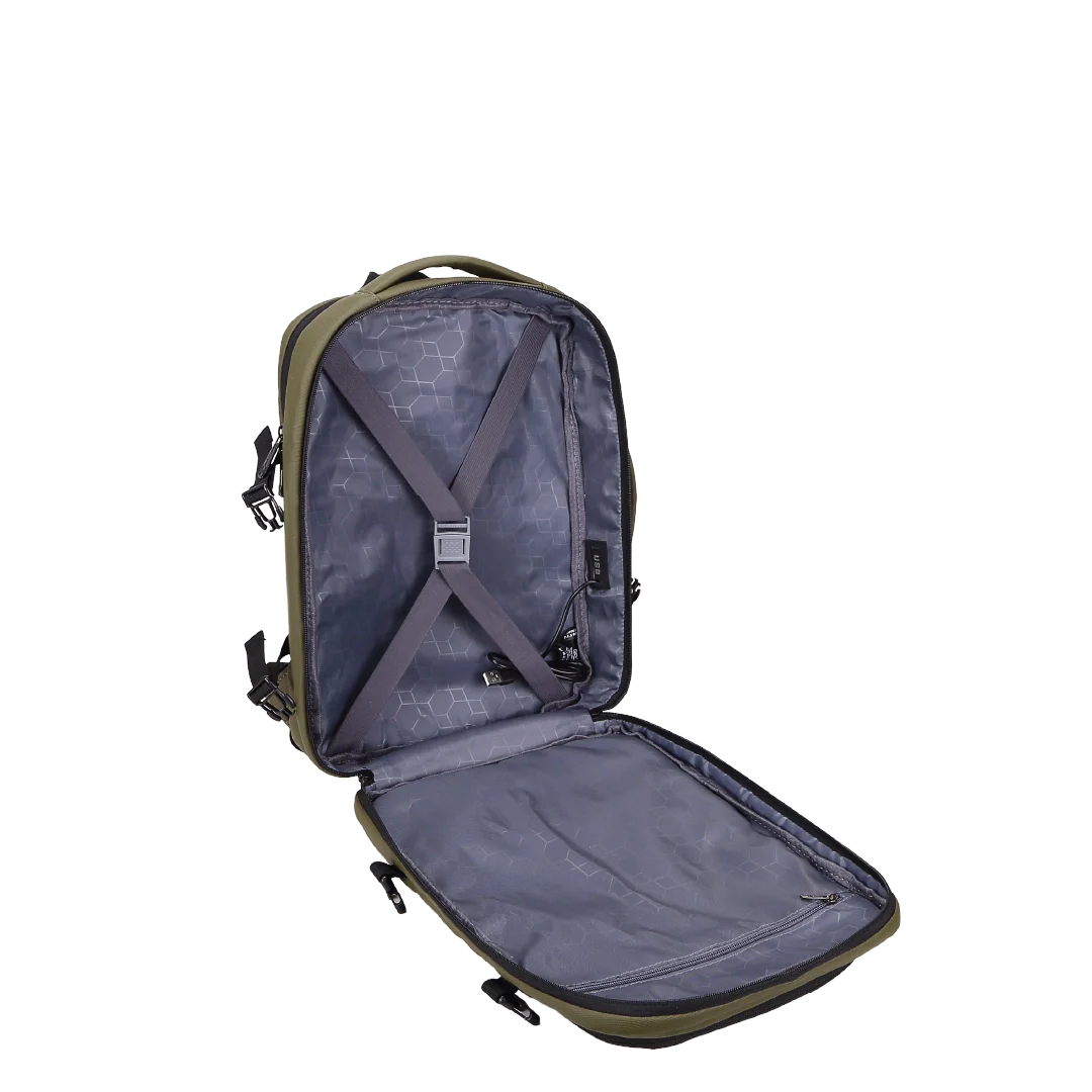 Open backpack showing storage inside.