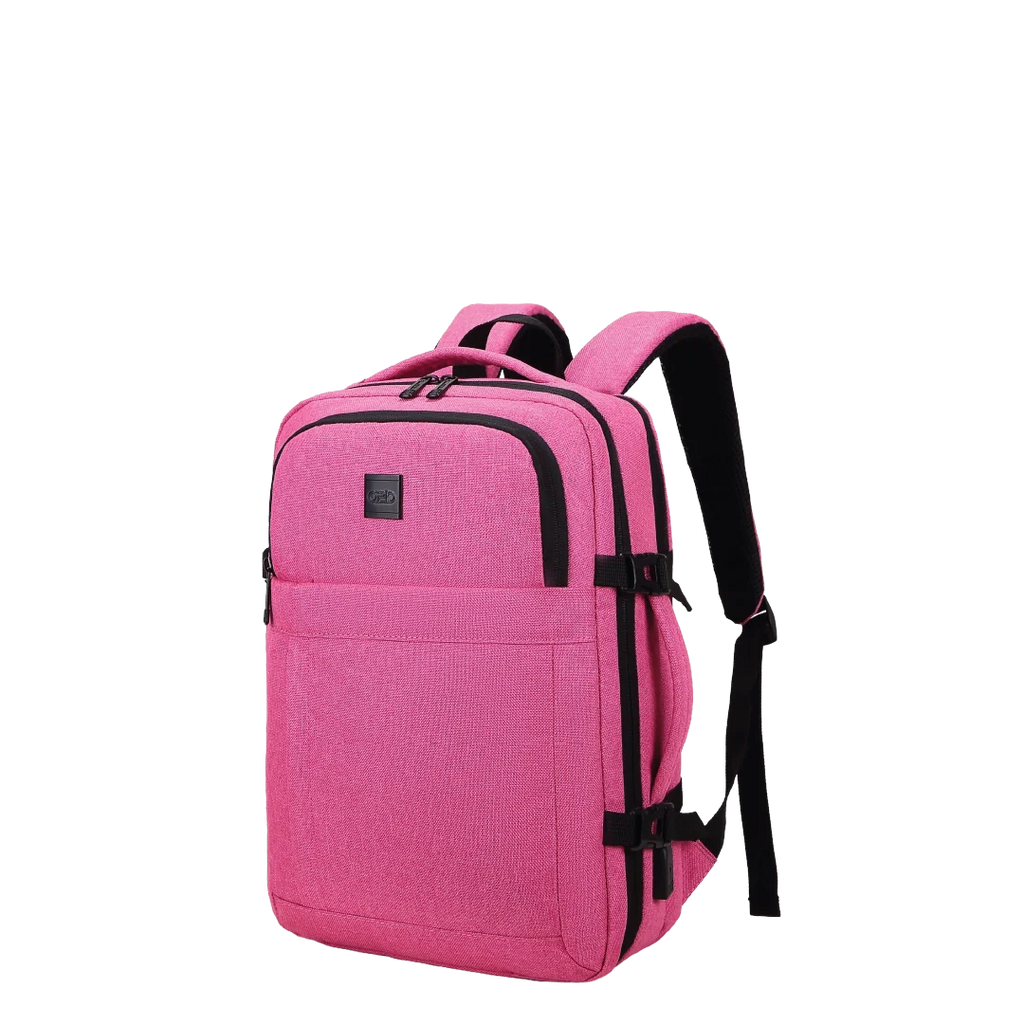 Pink backpack with black straps on a white background