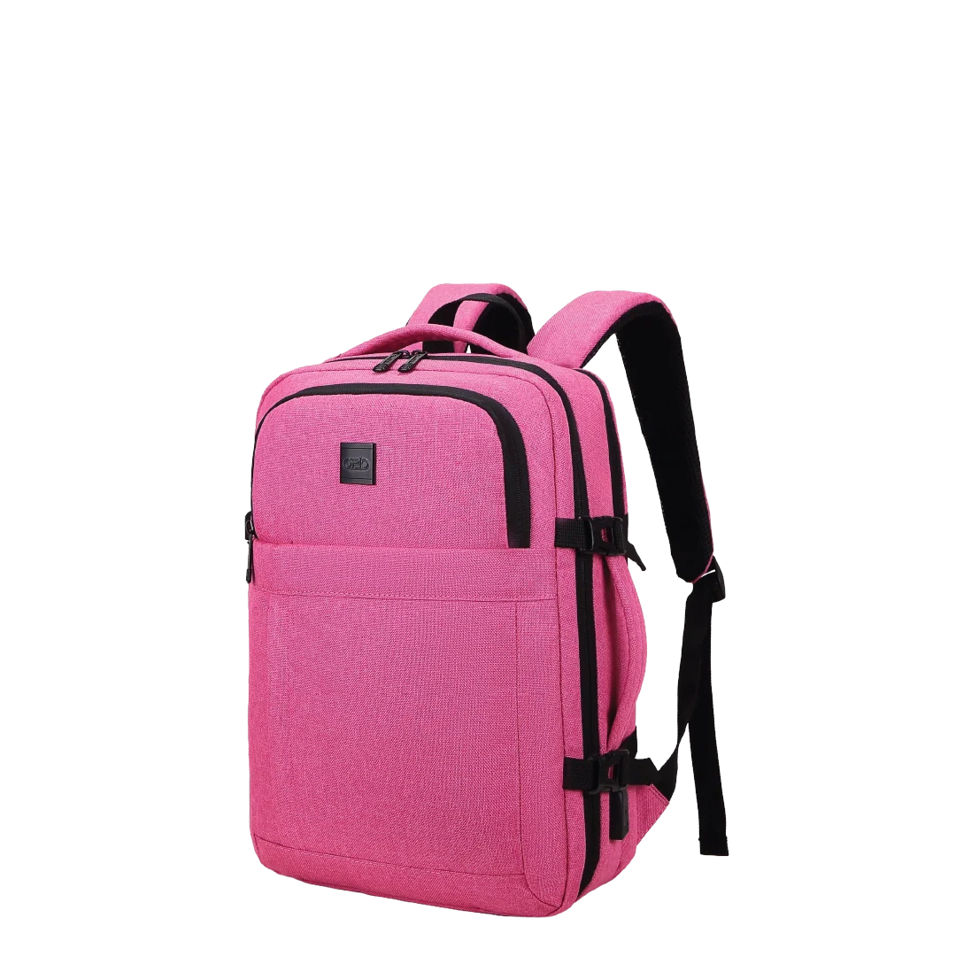 Pink backpack with black straps on a white background