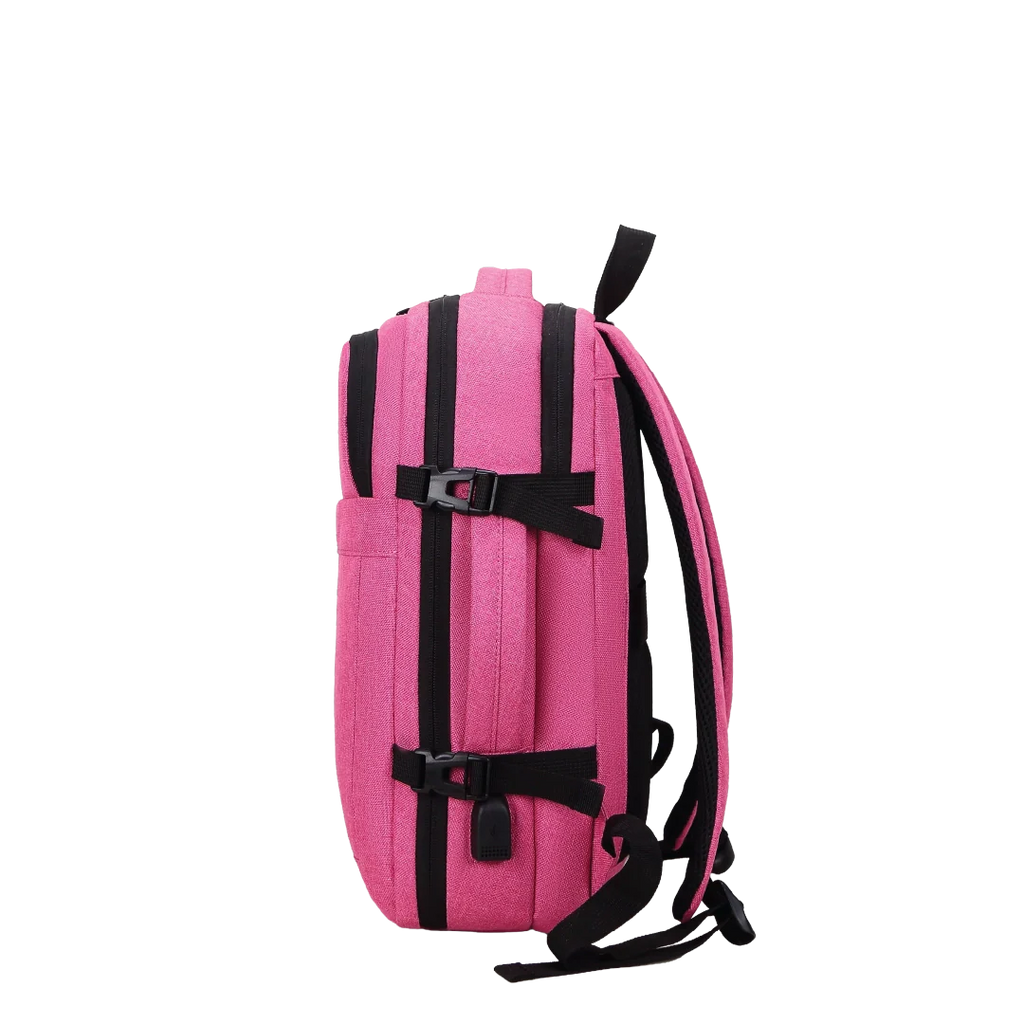 Pink backpack with black straps on a white background