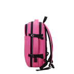 Pink backpack with black straps on a white background