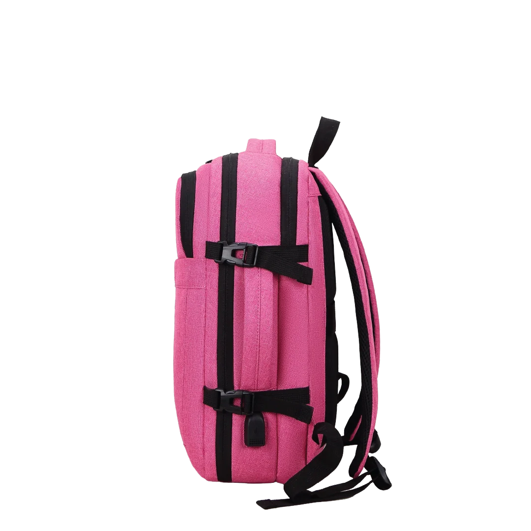 Pink backpack with black straps on a white background