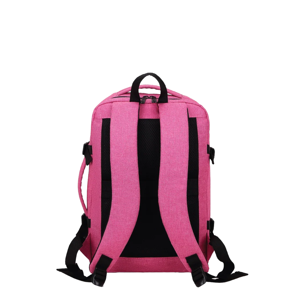 Pink backpack with straps and a handle.