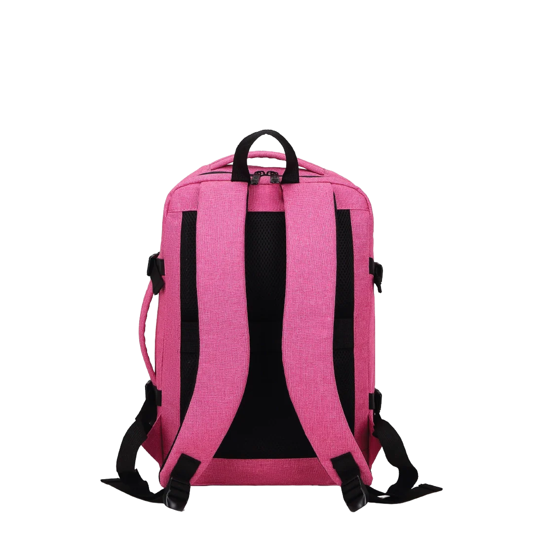 Pink backpack with straps and a handle.