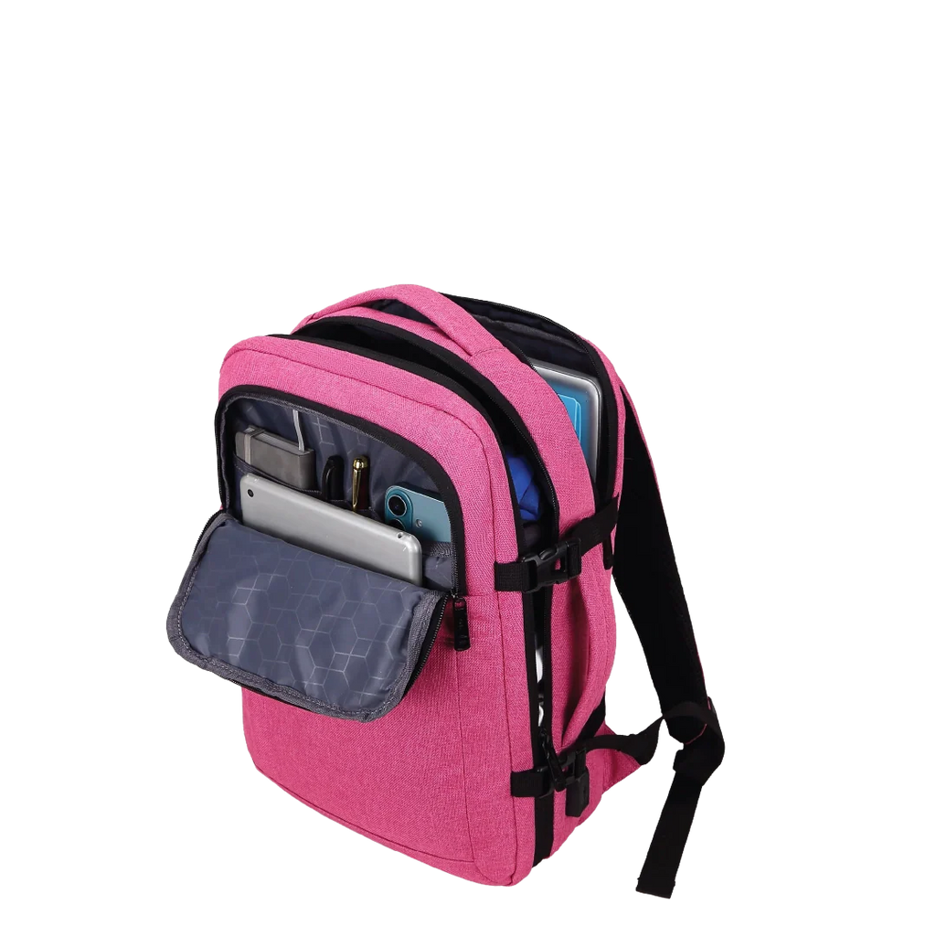 Pink backpack with a gray compartment on a white background
