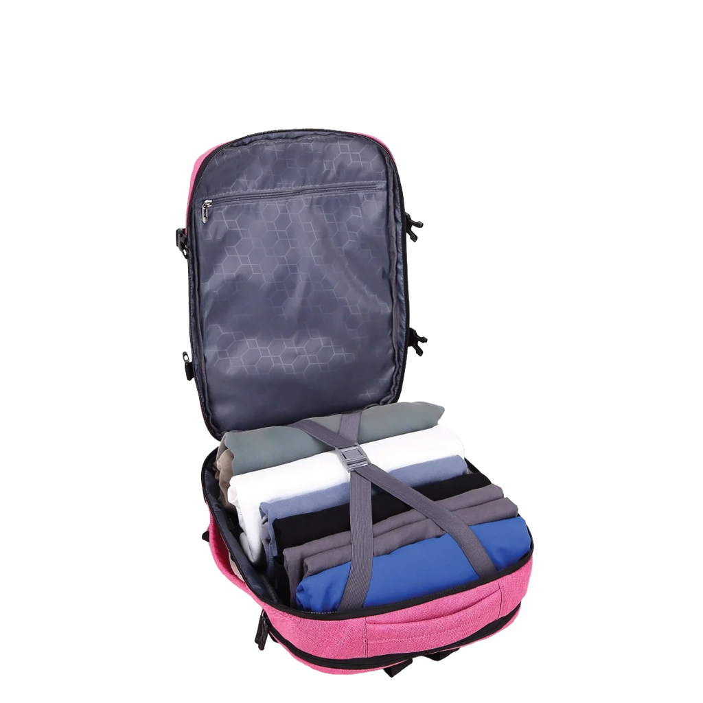 Pink backpack open with clothes inside to show storage.