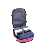 Pink backpack open with clothes inside to show storage.