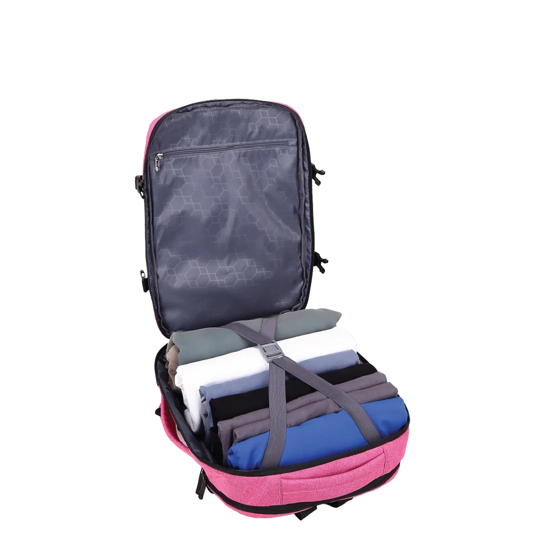 Pink backpack open with clothes inside to show storage.