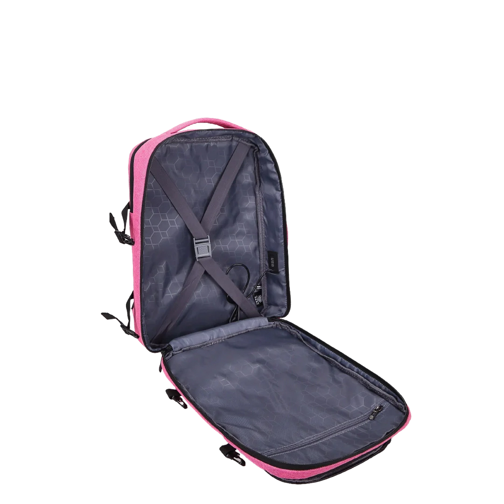 Open backpack in pink on a white background