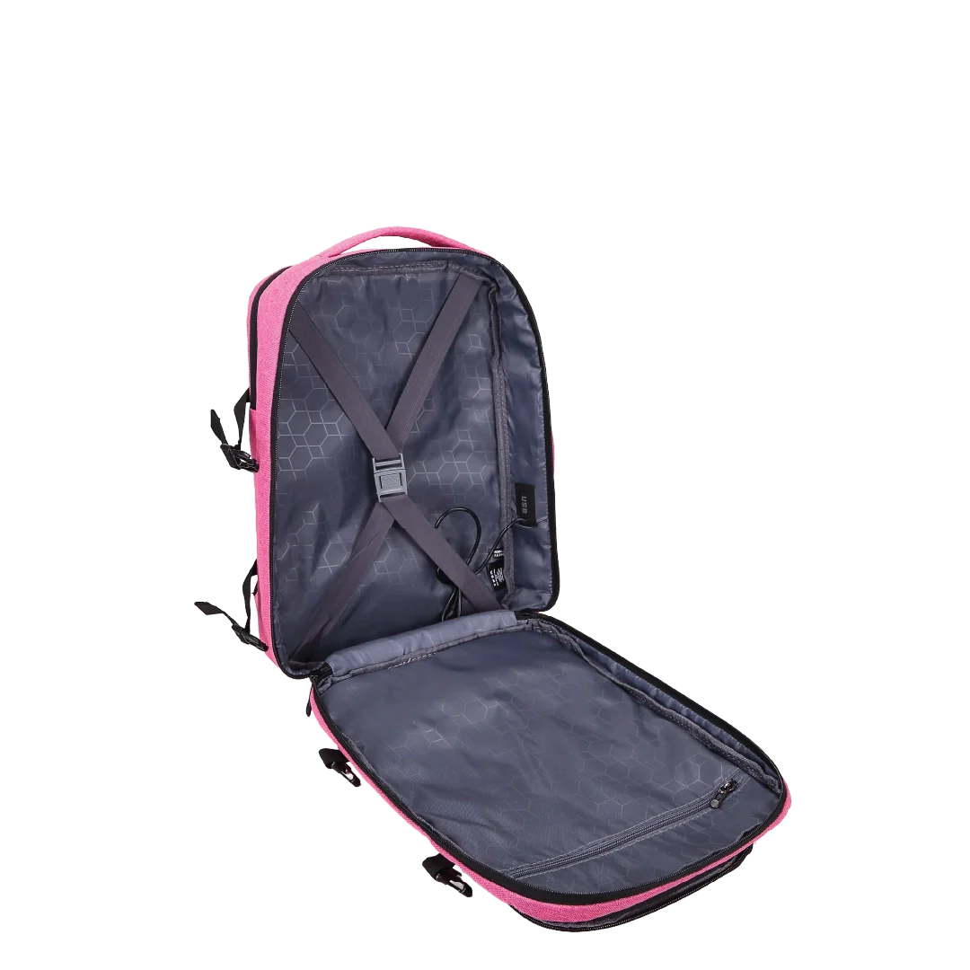 Open backpack in pink on a white background