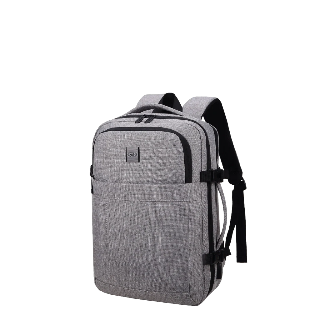 Gray backpack with black straps on a white background