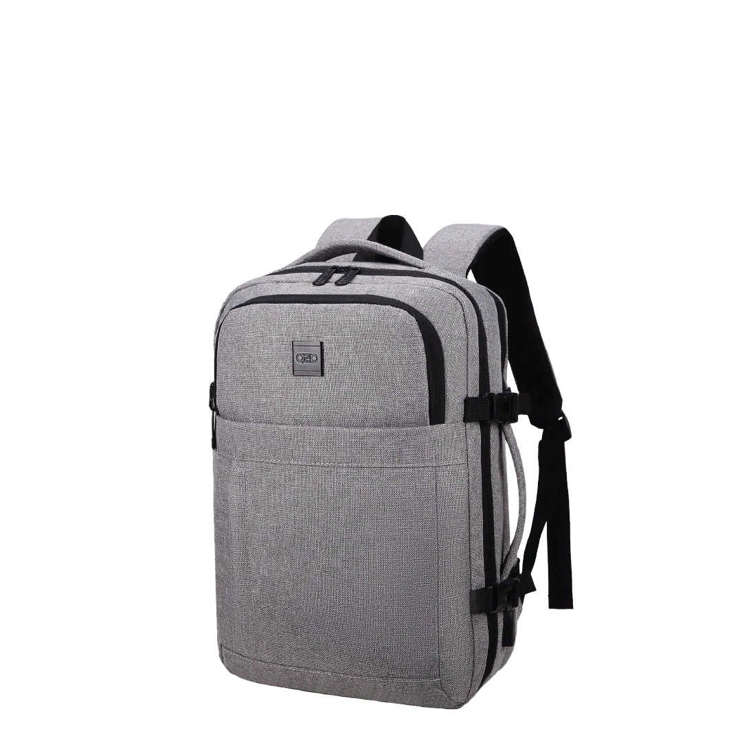 Gray backpack with black straps on a white background