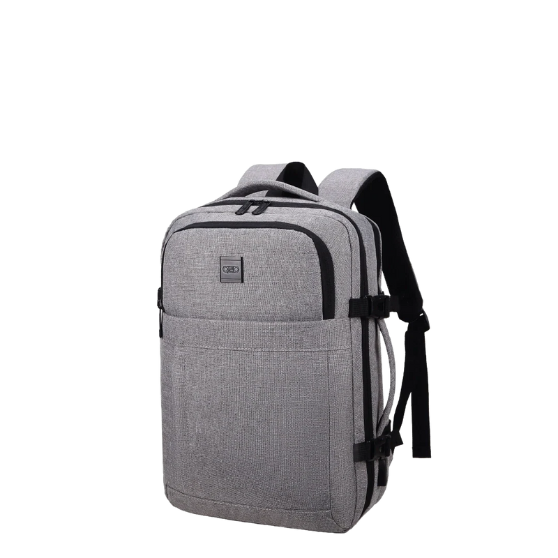 Gray backpack with black straps on a white background