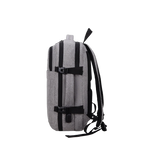 Sideview of a grey backpack with straps and a handle.