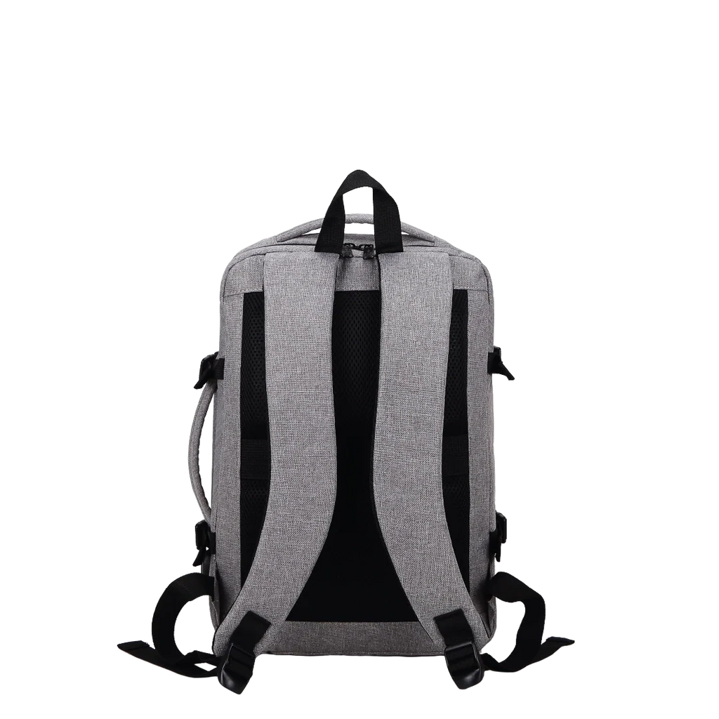 Grey backpack with straps, a handle and zipper.