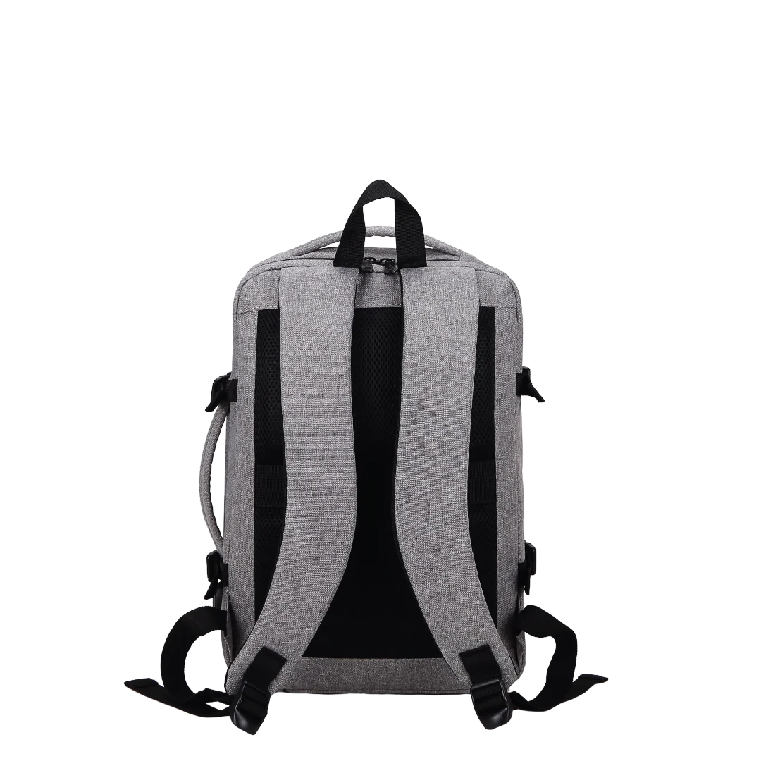 Grey backpack with straps, a handle and zipper.