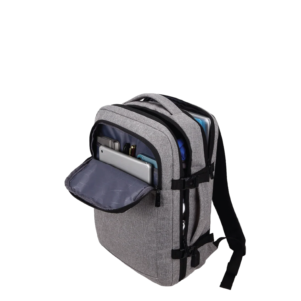 Grey backpack with multiple compartments.