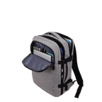 Grey backpack with multiple compartments.
