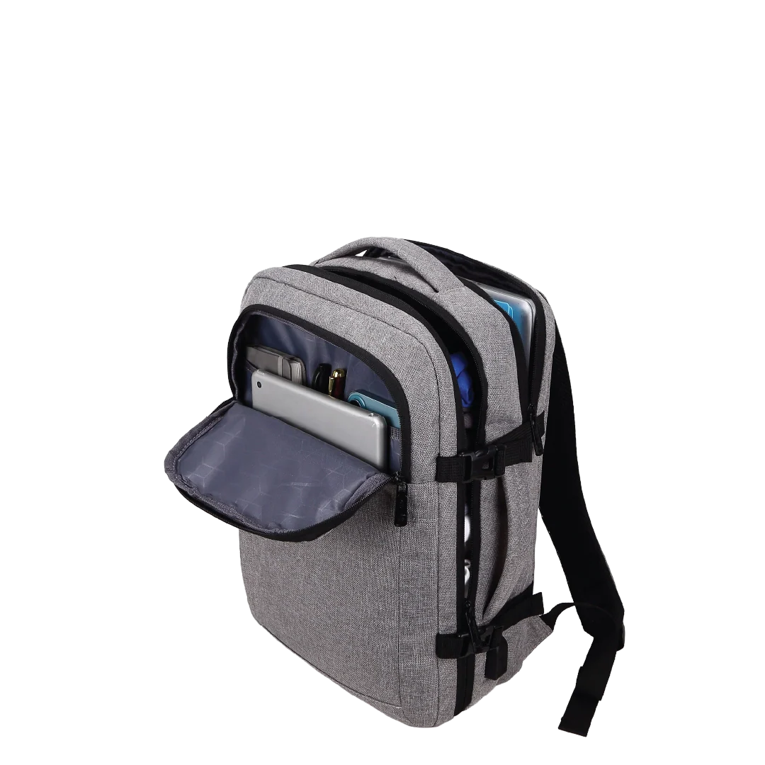 Grey backpack with multiple compartments.