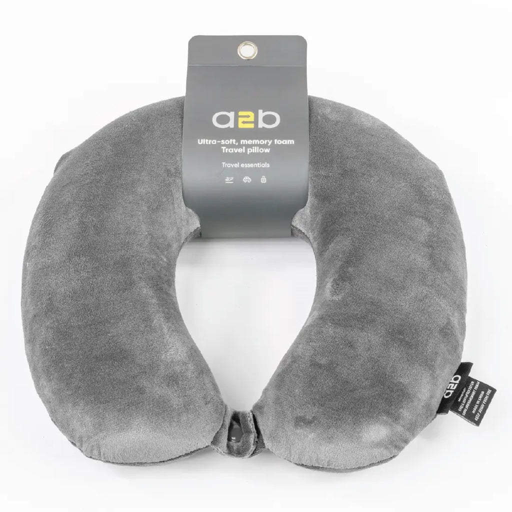 Gray travel neck pillow with a2b branding on a white background