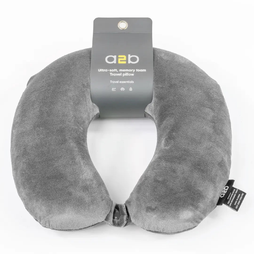 Gray travel neck pillow with a2b branding on a white background