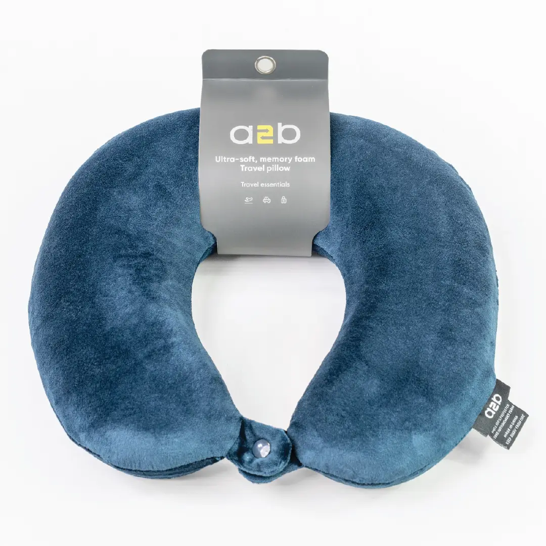 Blue travel neck pillow with a2b branding on a white background