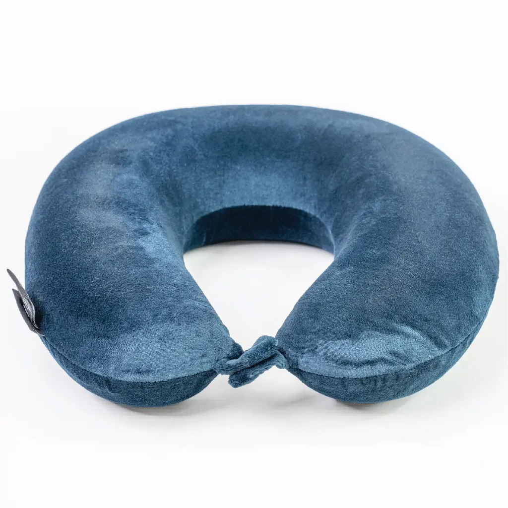 Blue travel neck pillow on a white background