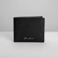 Black textured wallet with branding on a light gray background