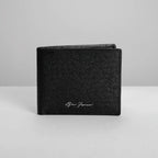 Black textured wallet with branding on a light gray background