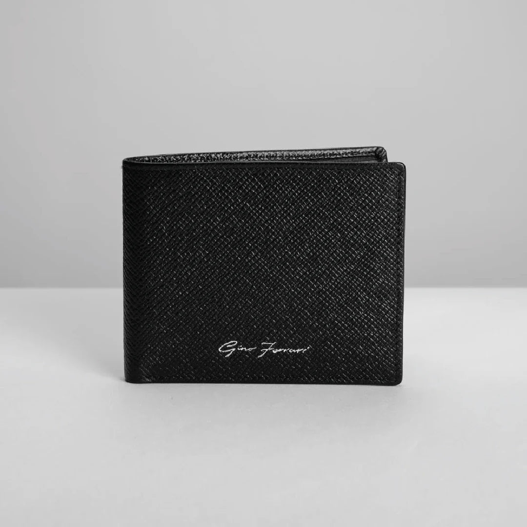 Black textured wallet with branding on a light gray background