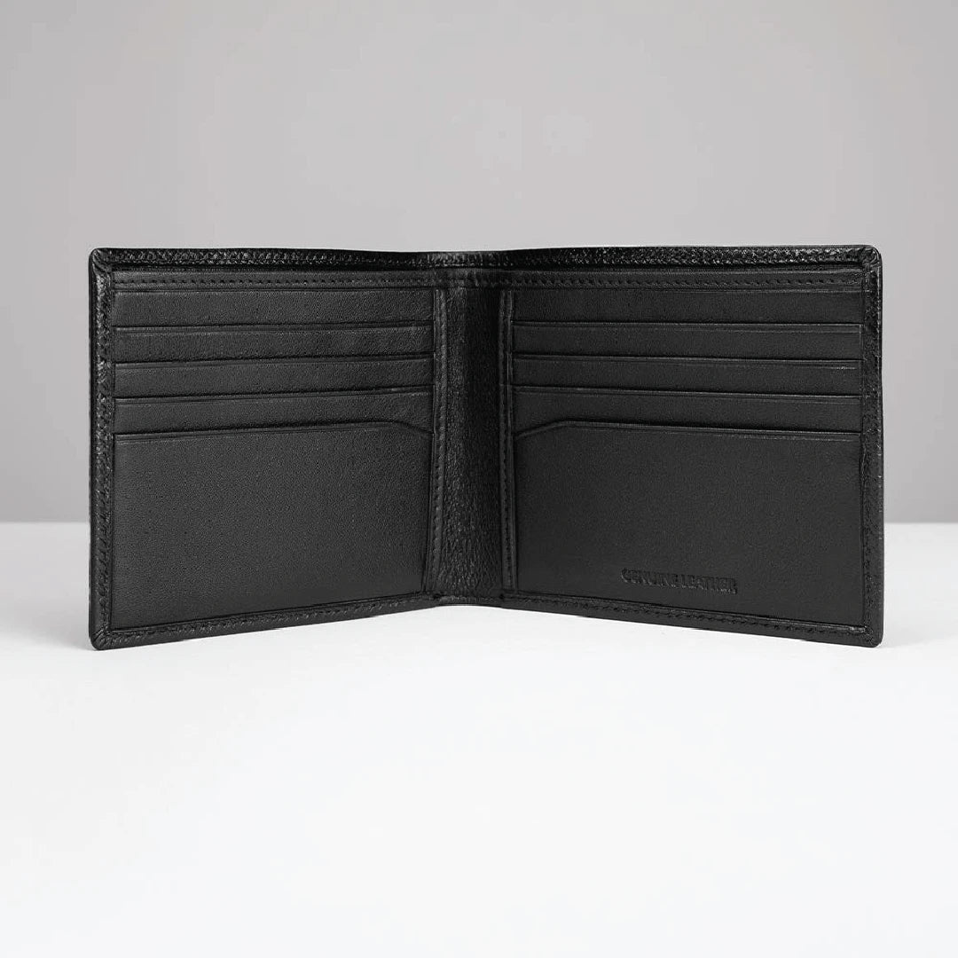 Open black wallet with multiple compartments and brand logo