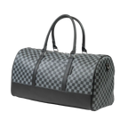 Checkered duffel bag with black accents on a white background