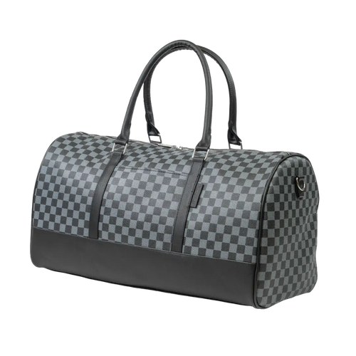 Checkered duffel bag with black accents on a white background
