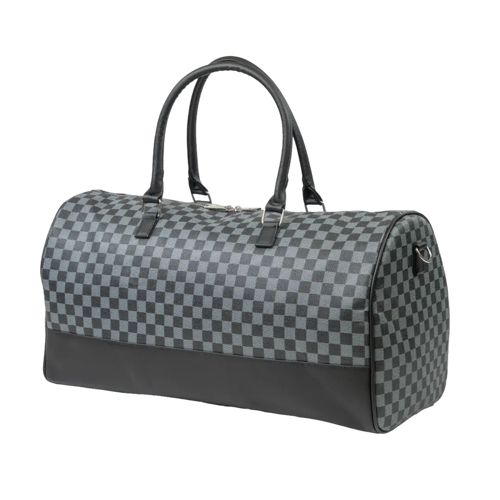 Gray checkered duffel bag with black accents on a white background