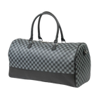 Gray checkered duffel bag with black accents on a white background
