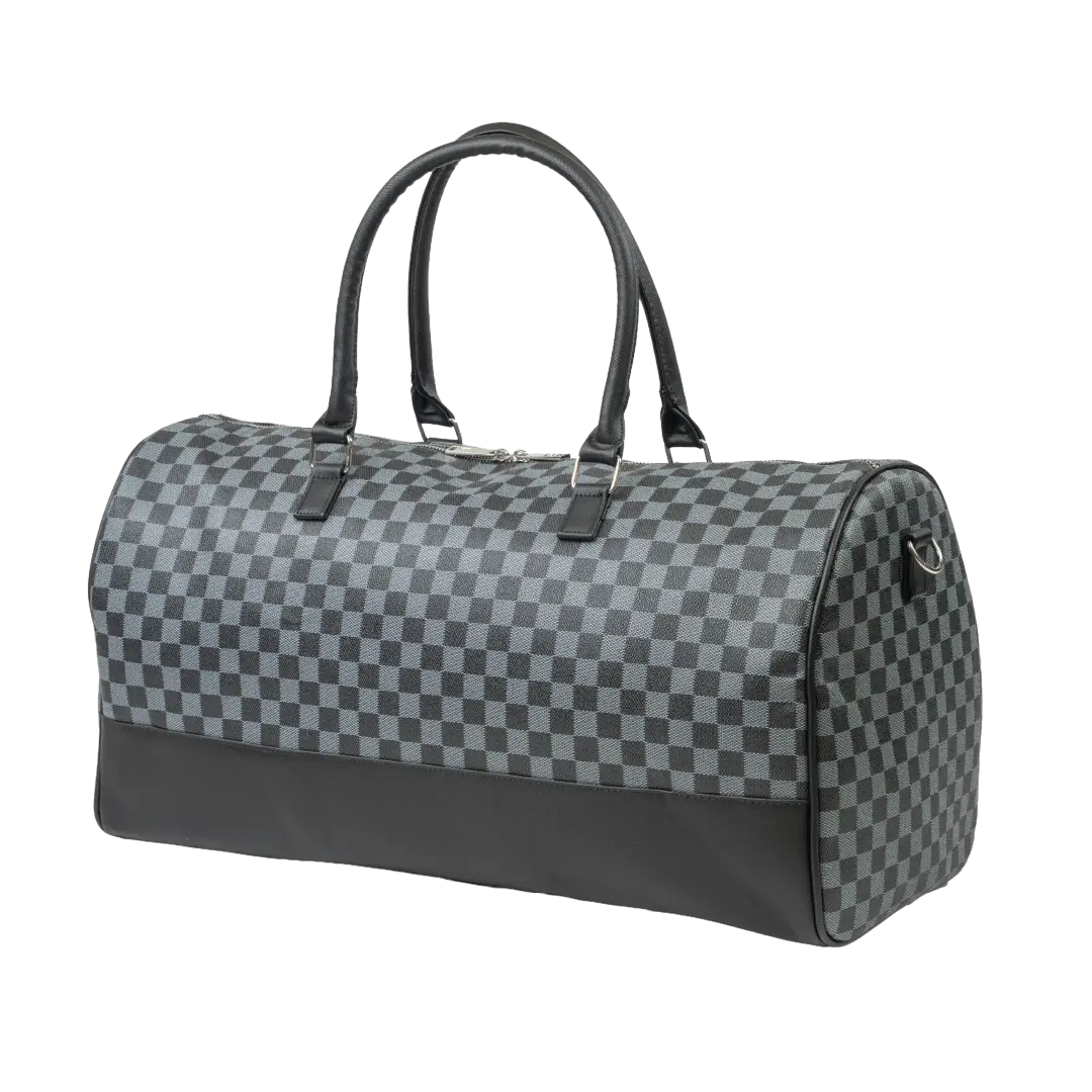 Gray checkered duffel bag with black accents on a white background