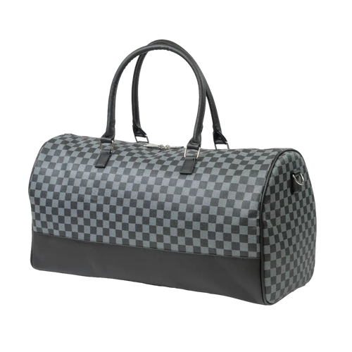 Gray checkered duffel bag with black accents on a white background
